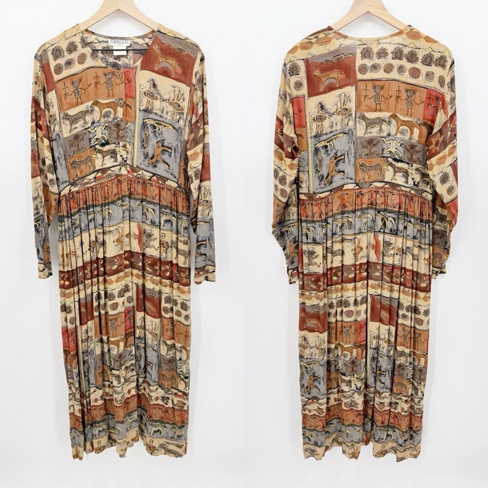 Vtg 90s Timbuktu Tribal Print Crinkle Maxi Dress Folk Art Teacher Boho M Ethnic